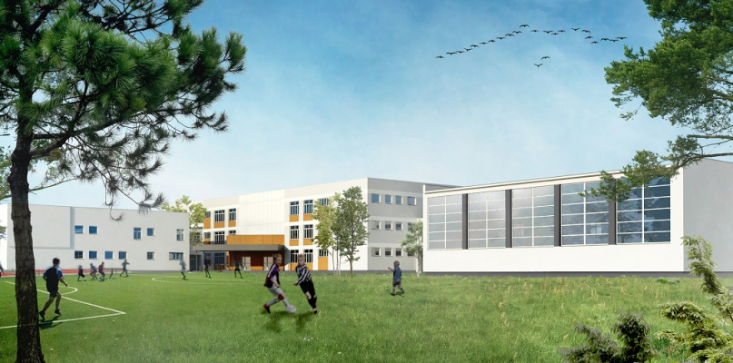 Szkoła Podstawowa nr 66 na Przylesiu po zakończeniu prac termomodernizacyjnych. Wizualizacja UMB